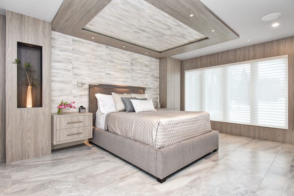 Contemporary Master Bedroom with large porcelain floor tile and custom cabinetry, Sheridan Interiors