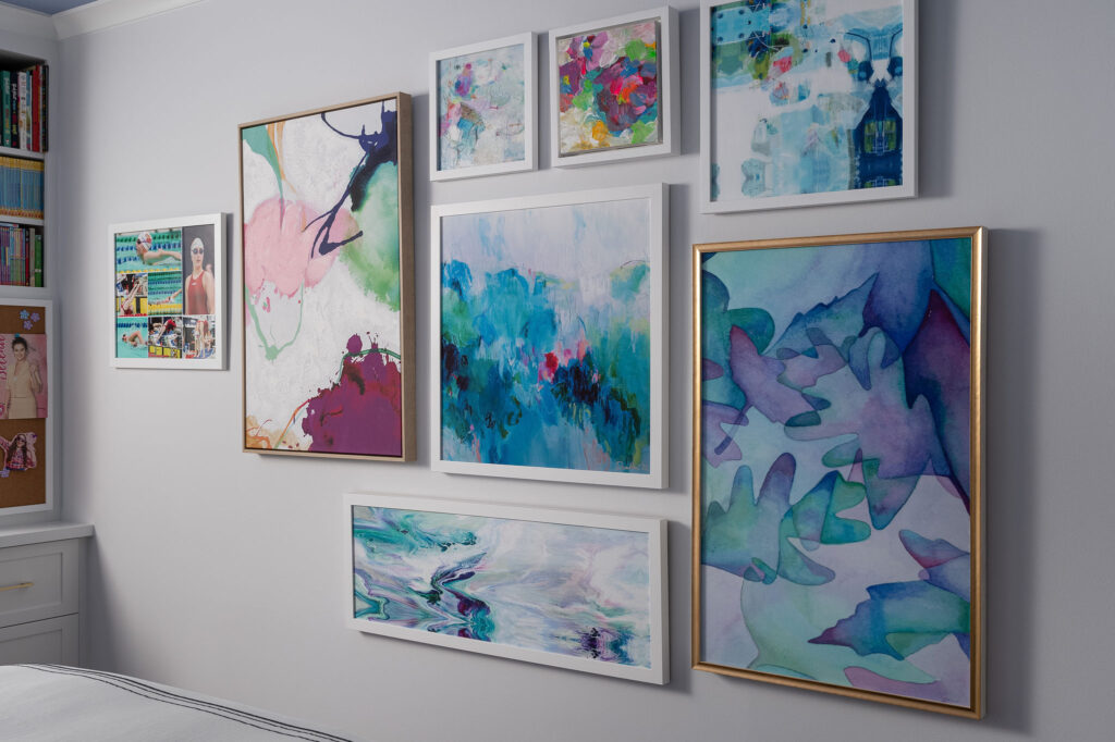 Art gallery wall or abstract colourful art in various frames