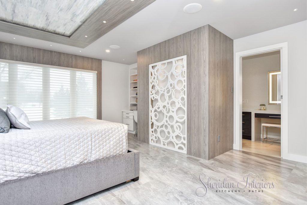 Contemporary Master Bedroom with laser cut panel feature wall, Sheridan Interiors, interior designer cornwall, interior designer ottwawa
