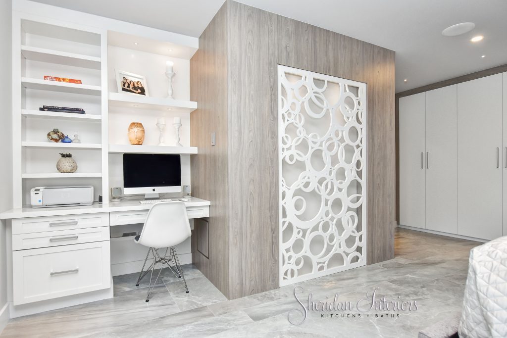 Contemporary Master Bedroom With Dedicated Computer Station, Laset Cut Focal Point Wall And Wall To Wall Wardrobe, Sheridan Interiors