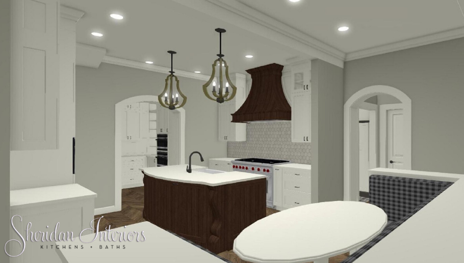 Sheridan Interiors, interior designer cornwall, interior designer malone, classic white kitchen, wood hood, island, and banquette seating, kitchen designer malone