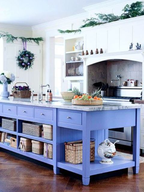 blue kitchen island, blue island, basket display, white and blue kitchen, kitchen designer cornwall, kitchen designer ottawa, interior designer cornwall, interior designer ottawa, plate rack, blue and white hydrangeas