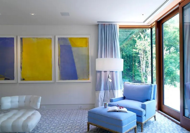 modern living room, contemporary living room, modern art, contemporary art, modern chair, modern lamp, blue living room, blue and wood living room, blue and yellow art, blue and yellow painting, interior designer cornwall, interior designer ottawa, sheridan interiors