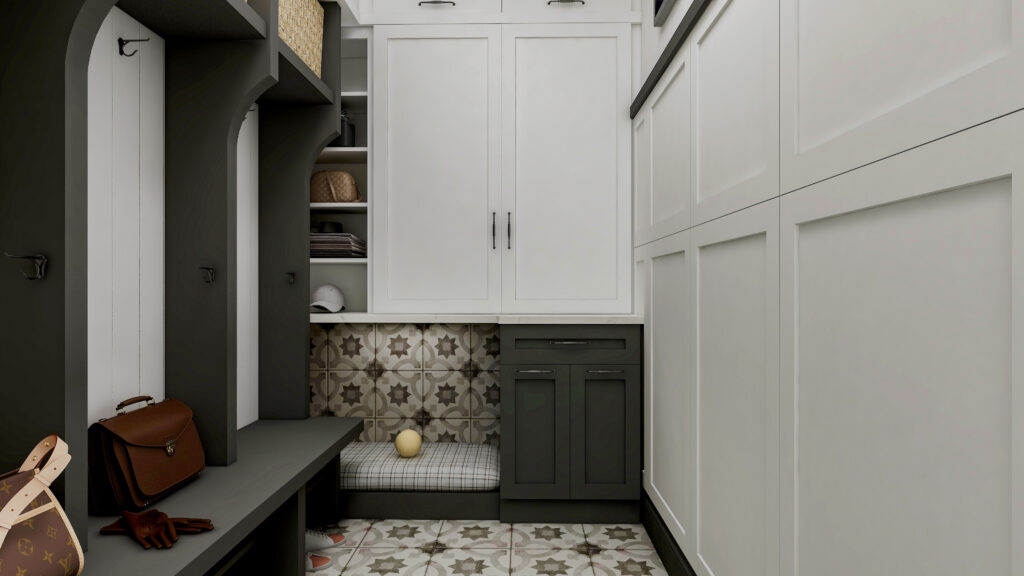 contemporary mudroom in two tone cabinetry, white and charcoal has cubbies, dog bed and wall to wall storage, panel and wainscot, dog gate and bed