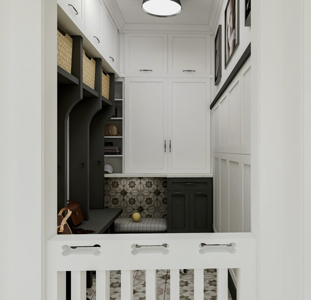 contemporary mudroom in two tone cabinetry, white and charcoal has cubbies, dog bed and wall to wall storage, panel and wainscot, dog gate and bed