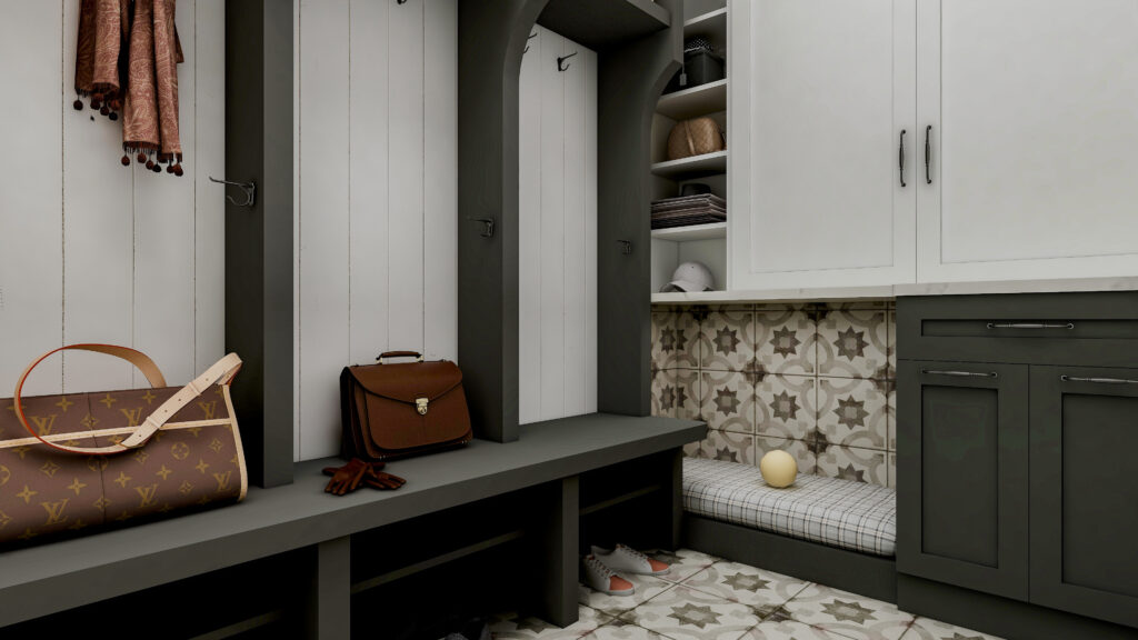 contemporary mudroom in two tone cabinetry, white and charcoal has cubbies, dog bed and wall to wall storage, panel and wainscot, dog gate and bed