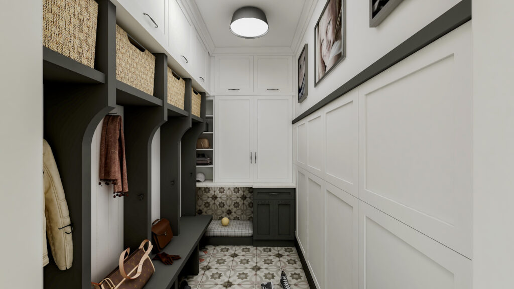 contemporary mudroom in two tone cabinetry, white and charcoal has cubbies, dog bed and wall to wall storage, panel and wainscot, dog gate and bed