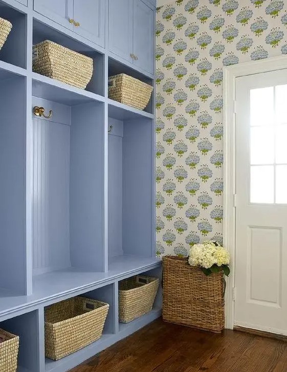 mudroom, blue mudroom mudroom cabinets, mudroom storage, mudroom cubbies, mudroom baskets, baskets, mudroom organization, mudroom wallpaper, mudroom floors, interior designer cornwall, interior designer ottawa, sheridan interiors