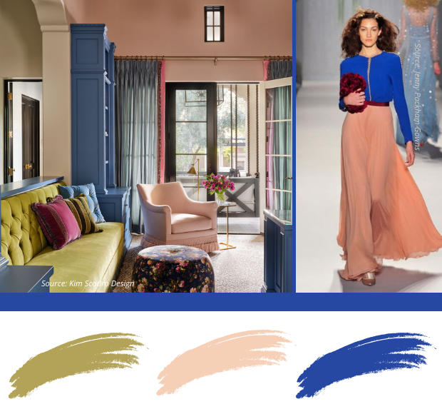contemporary living room in blue, chartreuse and peach colours. 