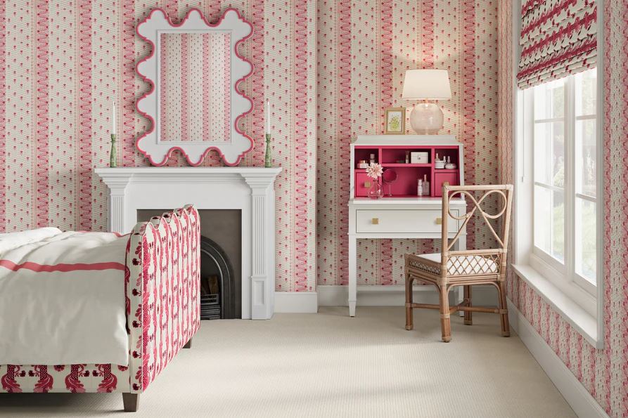 Feminine bedroom in tones of light and dark pink, and white with scallop details. Sheridan Interiors, Ottawa and Cornwall luxury interior designer, offering custom furnishings and exceptional service. 