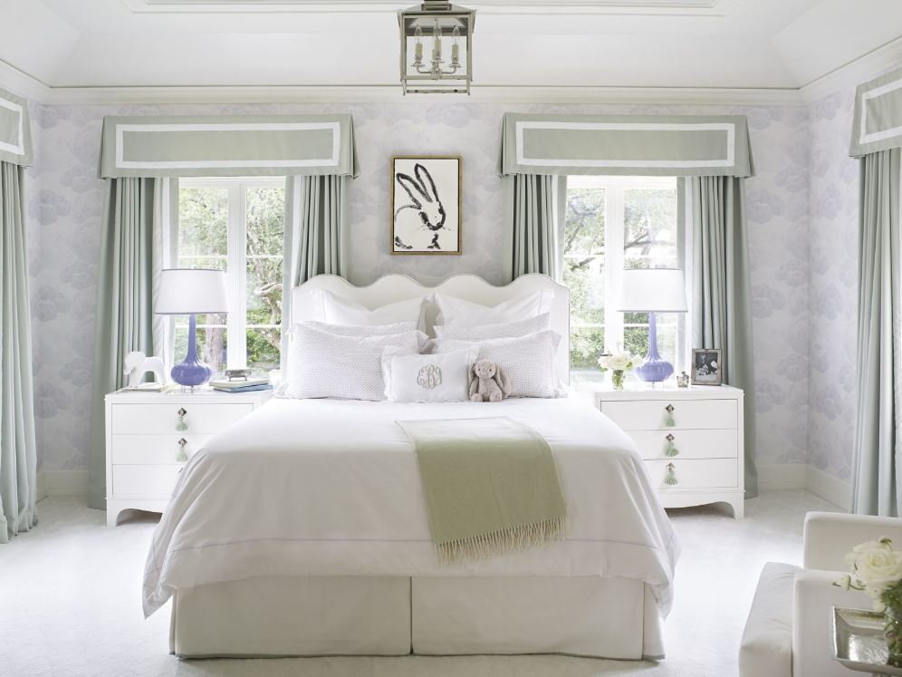 Primary bedroom in shades of light gray and sage green. Sheridan Interiors, luxury interior design firm serving Cornwall and Ottawa and surrounding areas. 