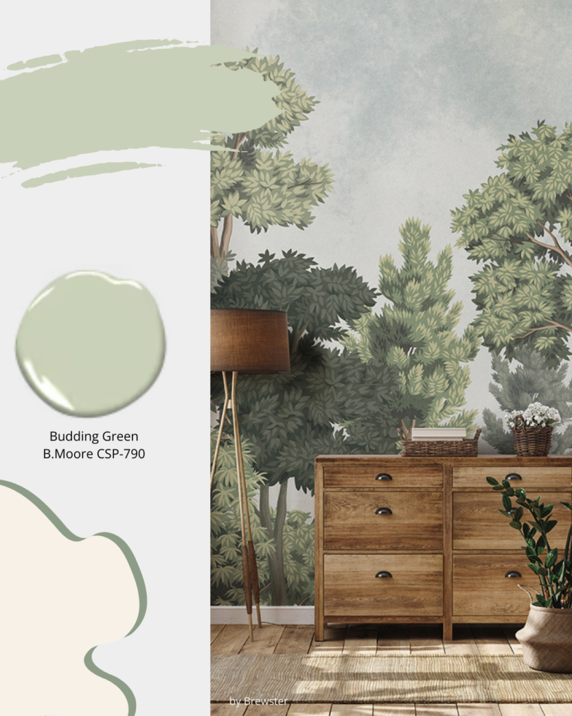 Transitional bedroom with mural wallpaper in Budding Green B.moore CSP 790 Interior Design Sheridan Interiors