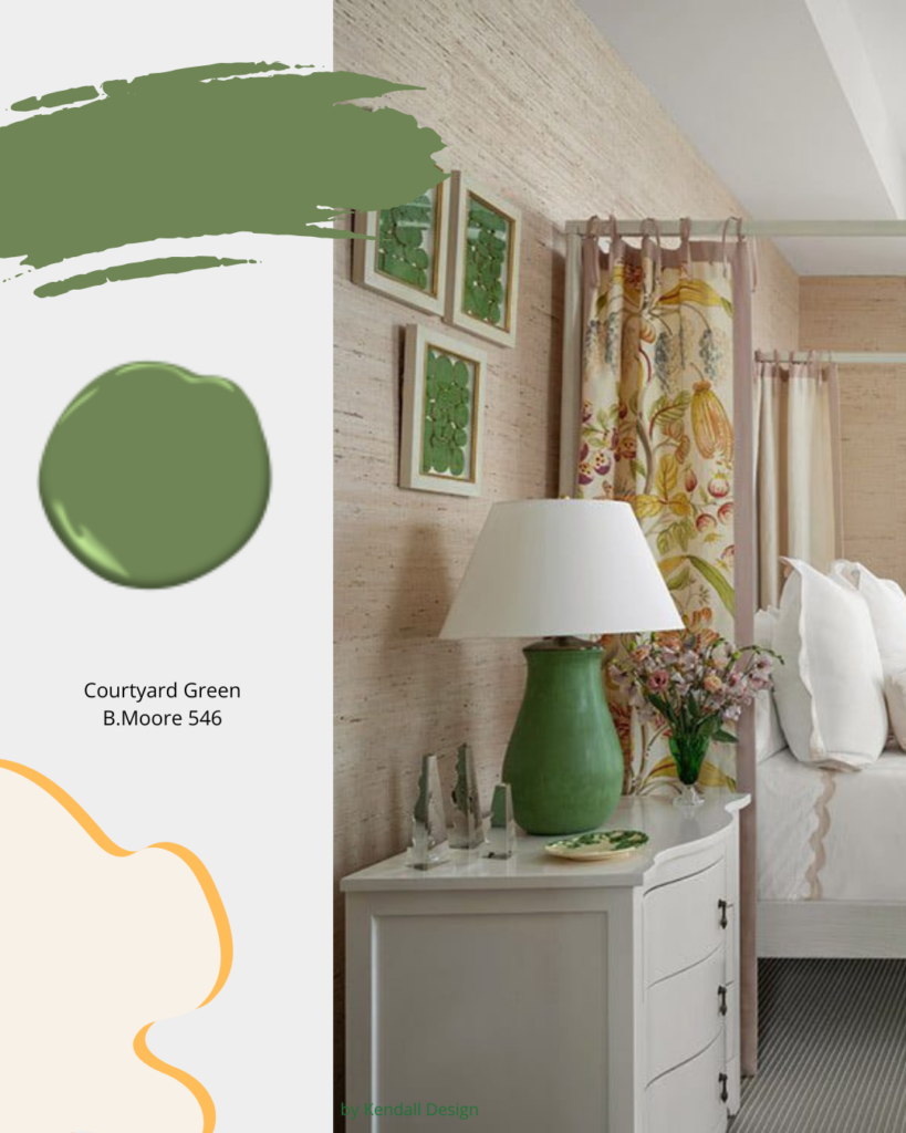 Traditional bedroom with green lamps in Courtyard Green Benjamin Moore 546