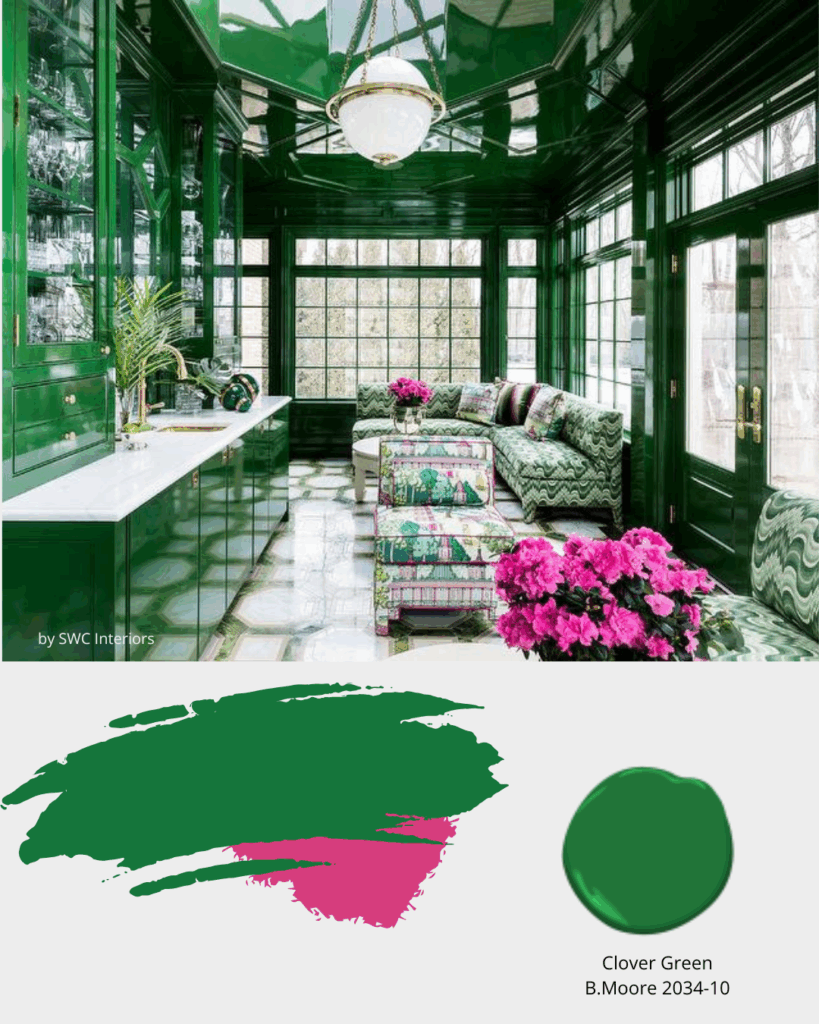 Classic, traditional sunroom with wet bar colour-drenched in high-gloss Clover Green colour by B.moore  2034-10.  Classic green and white marble mosaic floor,  upholstered corner bench settes and contrasting pink floral arrangements.  interior designer cornwall, interior designer ottawa, sunroom design ideas