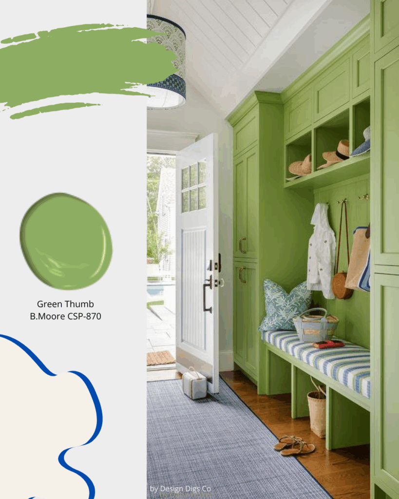 Mudroom, country style, with vibrant green cabinetry, striped blue and white bench cushion, and light blue runner. Mudroom design ideas, mudroom decor ideas, interior designer cornwall, interior designer ottawa, sheridan interiors, Green Thumb B.moore CSP 870