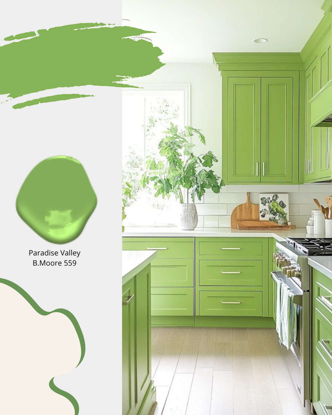 Transitional kitchen with vibrant green shaker cabinetry, white countertops and light wood floor. Kitchen designer in Cornwall, kitchen design, kitchen decor, sheridan interiors, interior designer cornwall, interior designer ottawa, kitchen designer ottawa