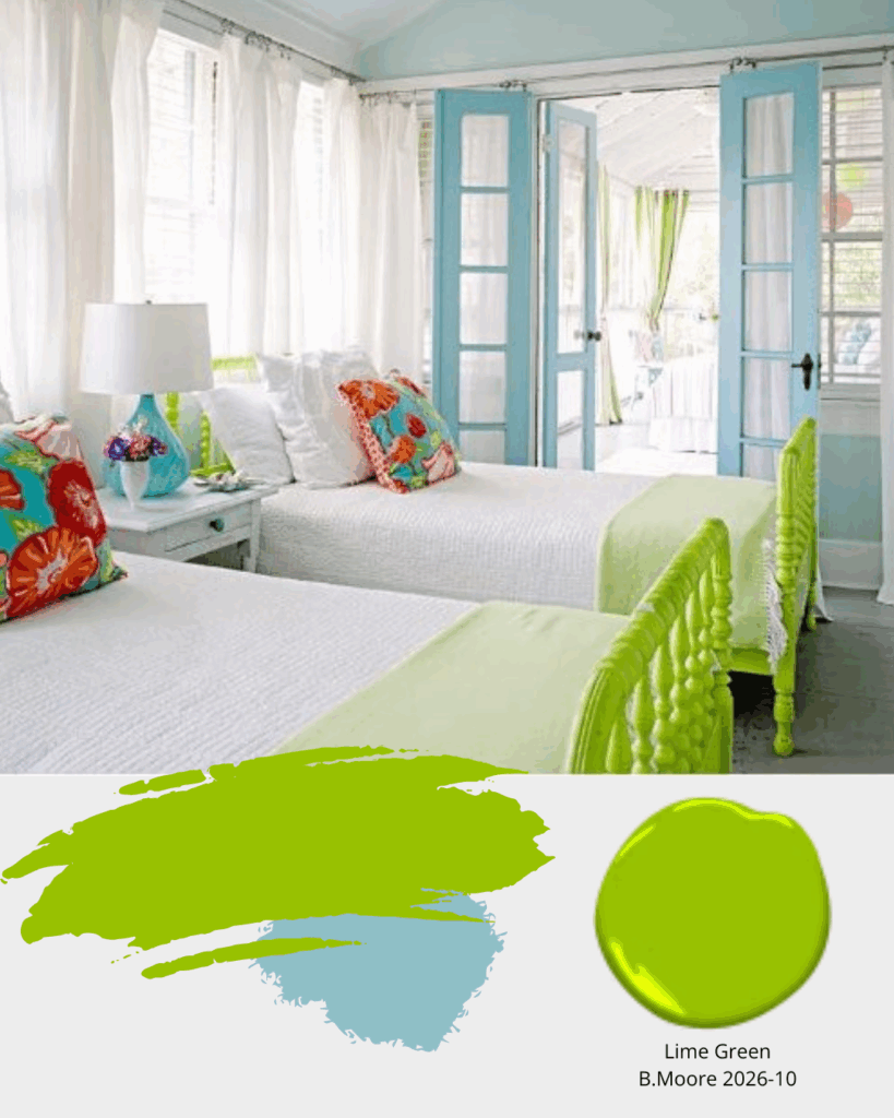 Country Cottage bedroom with double beds, vibrant green headboard and footboard, crips white linen, and colourful accent pillows.  Bedroom decor ideas, bedroom design ideas, country bedroom decor, country bedroom design, interior designer cornwall, interior designer ottawa, sheridan interiors, Vibrant Green Lime Green B.Moore 2026 10