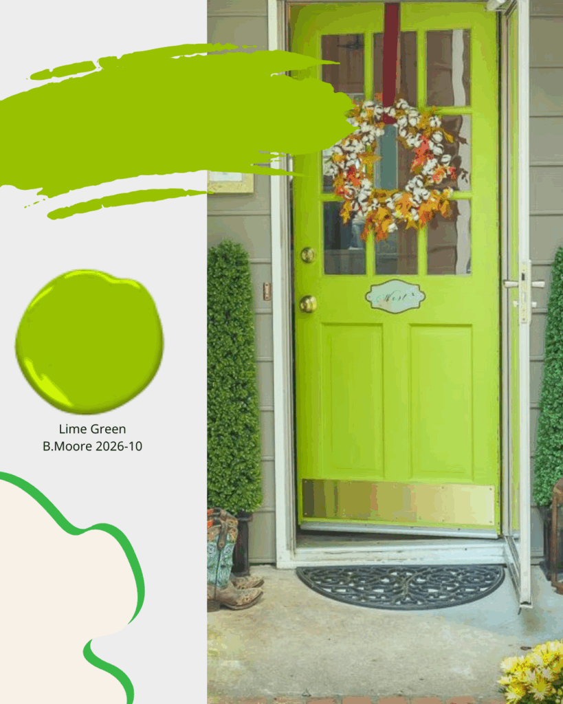 Vibrant Green Front door with gold kick plate and fall style wreath.  Interior designer cornwall, interior designer ottawa, exterior finish selections cornwall, exterior finish selections ottawa, sheridan interiors. Lime Green B.moore 2026 10