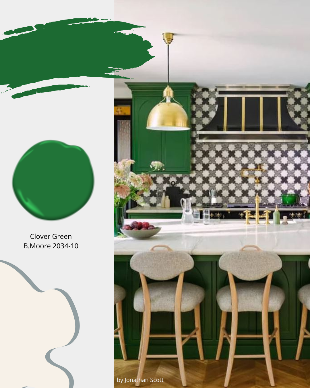 Traditional Kitchen in green gold and black, with white quartz countertop, warm wood floors, gold faucet, a mosaic black and white backsplash and upholstered counter stools.  kitchen designer cornwall, kitchen designer ottawa, kitchen design ideas, kitchen decor ideas, interior designer cornwall, interior designer ottawa, sheridan interiors 