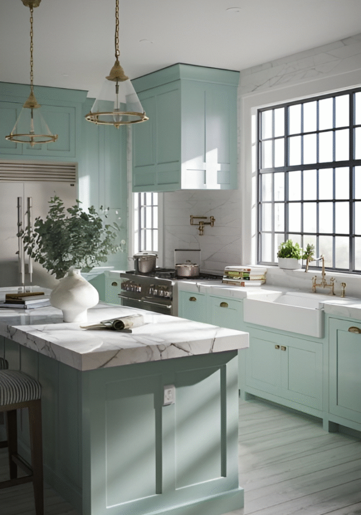 Cool Green Traditional Kitchen with apron front sink, island with marble countertop 