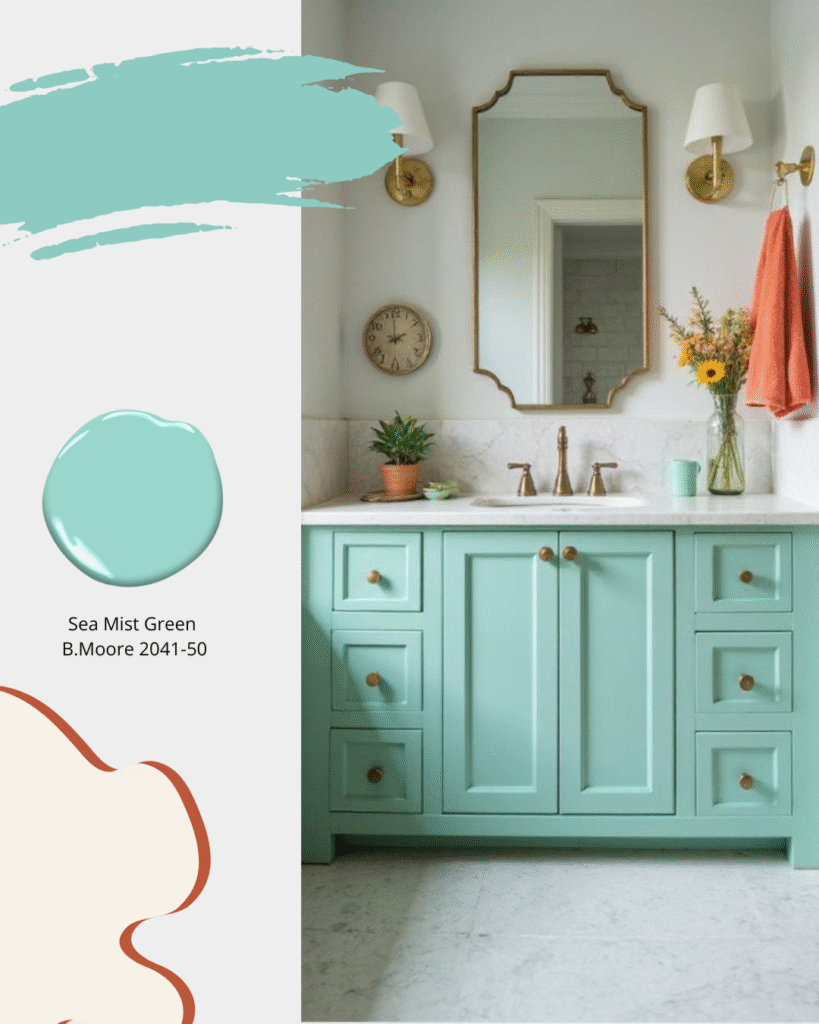 Transitional bathroom with vanity in cool green shade with white countertop and orange accents.  Benjamin Moore Sea Mist Green 2041-50 Sheridan Interiors, interior designer ottawa, interior designer cornwall, bathroom designer cornwall, bathroom designer ottawa