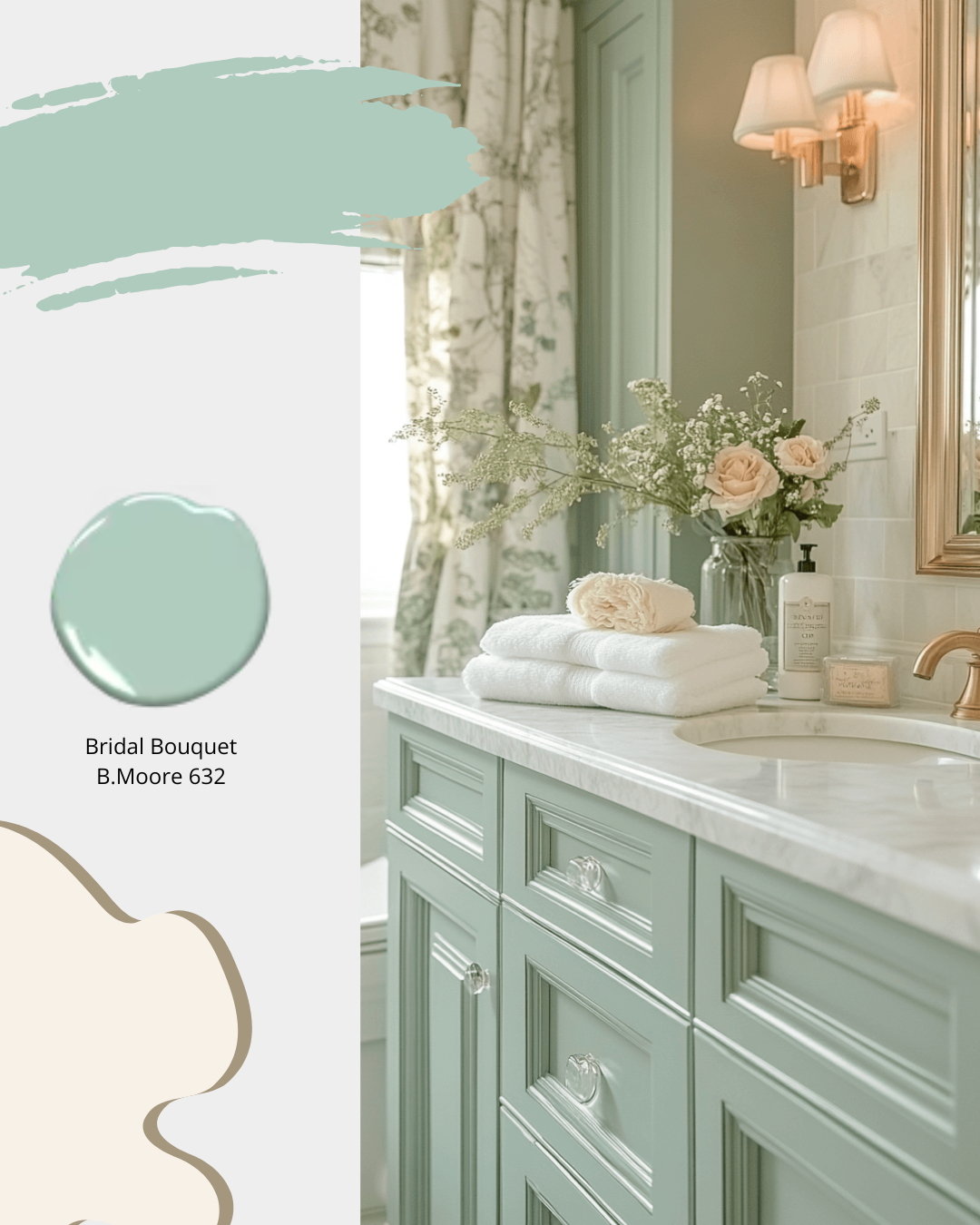 Traditional bathroom in cool green shades with pink and coral accents. Benjamin Moore 632 Bridal Bouquet  Sheridan Interiors, interior designer cornwall, interior designer ottawa, bathroom designer cornwall, bathroom designer ottawa