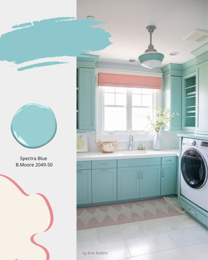 Blue Laundry room with shaker cabinets and white countertop and pink accents. Cabinets in Benjamin Moore 2049-50 Spectra Blue   Sheridan Interiors, interior designer cornwall, interior designer ottawa, kitchen and bath designer cornwall, kitchen and bath designer ottawa