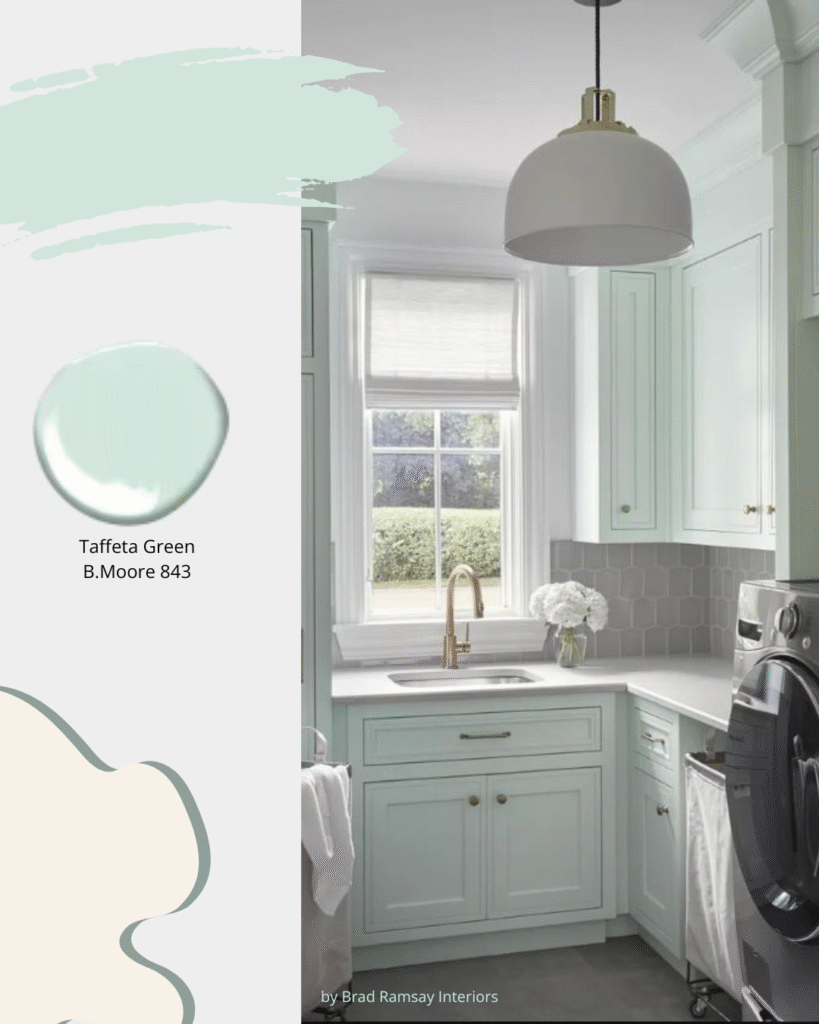 Traditional Laundry Room in soft green colour, with white countertops and champagne colour fixtures.  Cabinetry in Benjamin Moore 683 Taffeta Green.  Sheridan Interiors, interior designer cornwall, interior designer ottawa
