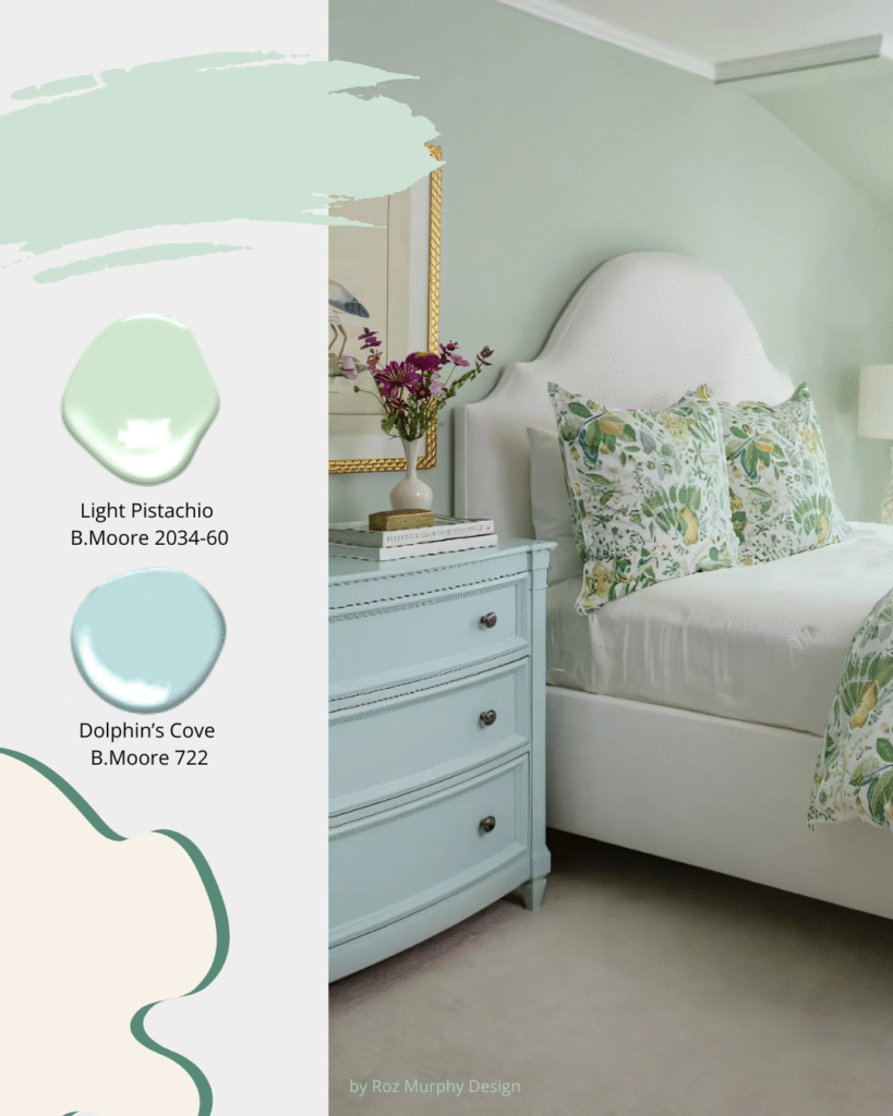 Traditional bedroom in Cool Green Light Blue shades.  Walls Benjamin Moore 2034-60 Light Pistachio, chest in Benjamin Moore 722 Dolphin's Cove, Sheridan Interiors, interior designer cornwall, interior designer ottawa, interior decorator cornwall, interior decorator ottawa