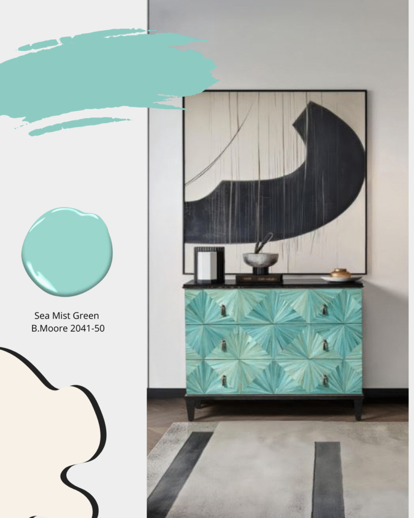 Contemporary hallway with a cool green marquetry chest of drawers Benjamin Moore paint colour 2041-50 Sea Mist Green, Sheridan Interiors, interior designer cornwall, interior designer ottawa, interior decorator cornwall, interior decorator ottawa, custom furniture cornwall, custom furniture ottawa