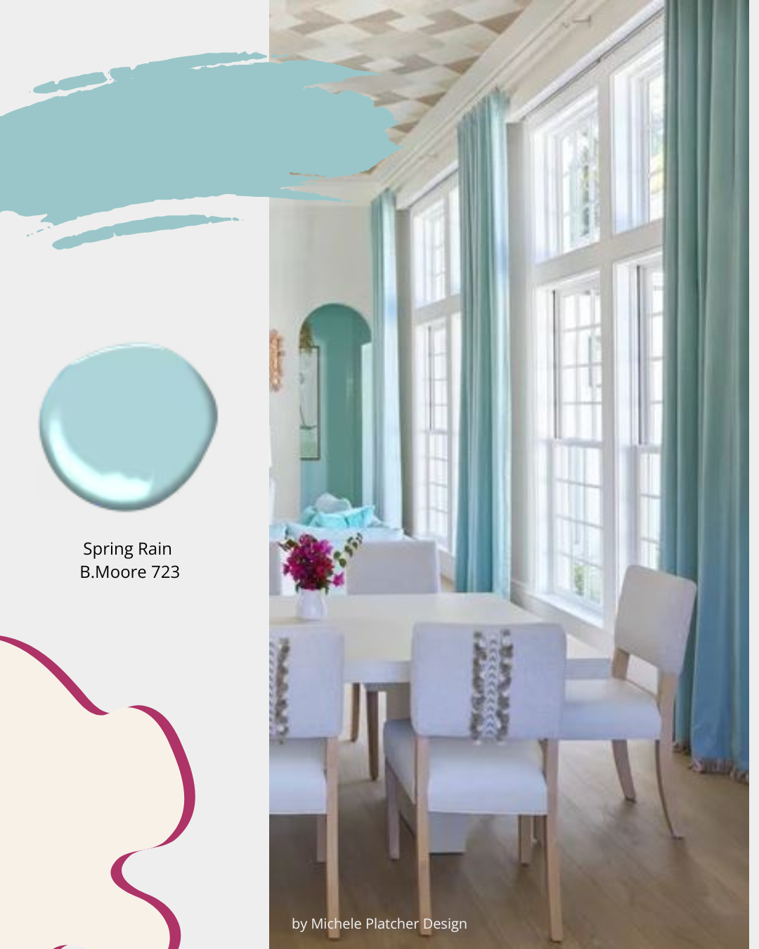 Classic white dining room with tall drapery panels in a cool green colour Benjamin Moore 723 Spring Rain Sheridan Interiors, interior designer cornwall, interior designer ottawa, custom drapery cornwall, custom drapery ottawa
