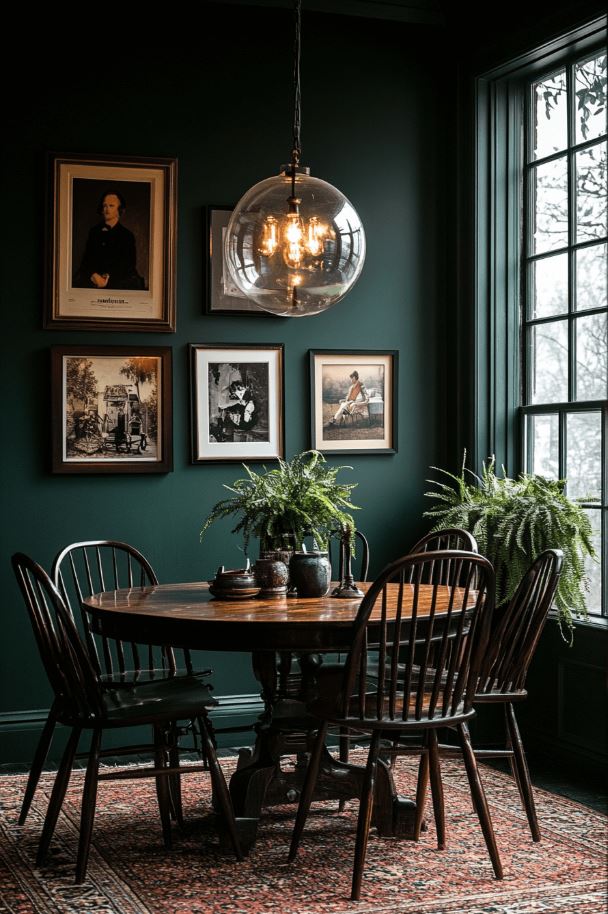 Traditional dining room painted in dark and moody green, with a.  round wood colonial pedestal table and chairs.  