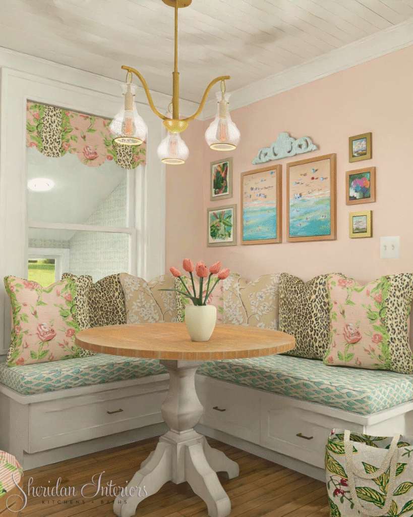 Small kitchen banquette seating kitchen banquette, vintage gold chandelier.  Animal print fabrics mix with geometric and floral patterns, luxury small kitchen remodel, Vintage Cottage Kitchen Makeover  
Cornwall, interior designer, Brockville interior designer, Ottawa, kitchen designer, Brockville kitchen designer, Cornwall kitchen designer, Ottawa kitchen designer,