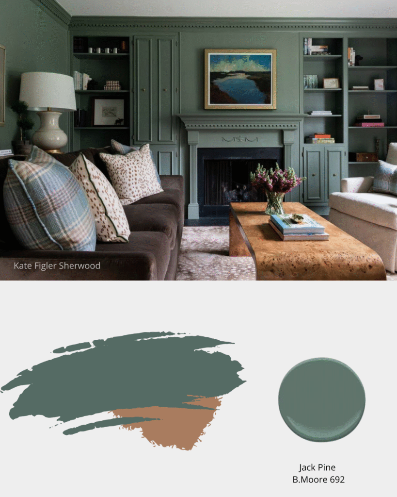 Traditional living room with dark green built-in cabinets in Benjamin Moore Jack Pine colour 692. Sheridan Interiors, luxury interior designer and decorator providing custom cabinetry, furnishing and exceptional service.  Serving Cornwall, Ottawa and Eastern Ontario.