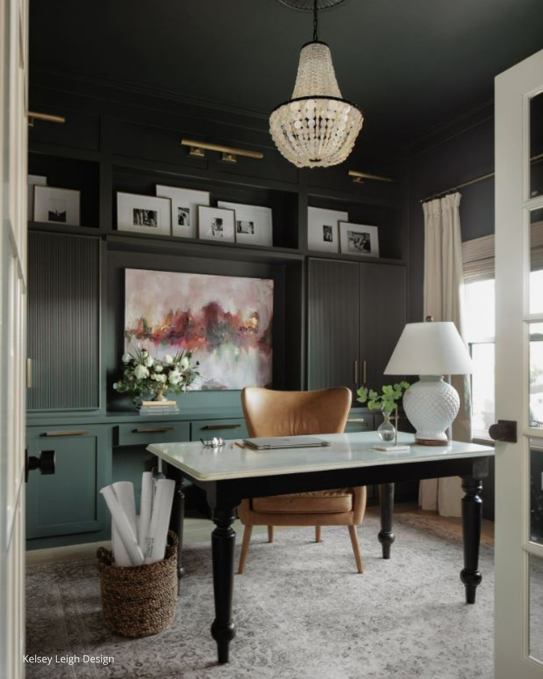 Contemporary home office with custom built-ins and traditional table as a desk. Sheridan Interiors, luxury interior design providing custom cabinetry and serving Cornwall, Ottawa and Eastern Ontario.