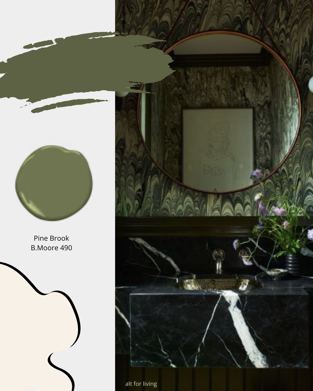 Contemporary bathroom in dark green with black stone sink, and dark green wallpaper.  Sheridan Interiors, luxury interior, kitchen and bath designer providing exclusive plumbing fixtures and custom cabinetry serving Cornwall, Ottawa and Eastern Ontario.