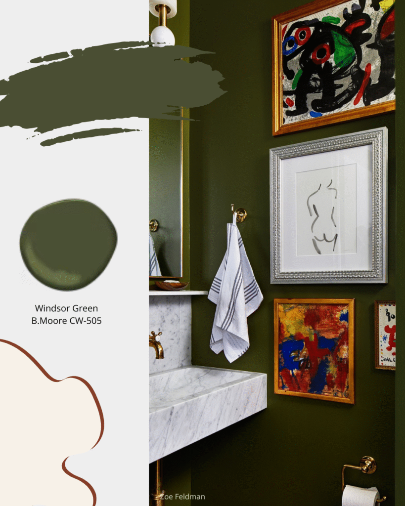 Traditional bathroom painted dark green Benjamin Moore Windsor Green CW-50. Sheridan Interiors, luxury kitchen and bath designer providing exclusive plumbing fixtures and custom cabinetry serving Cornwall, Ottawa and Eastern Ontario.