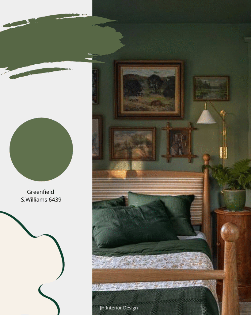 Country-style bedroom painted in Greenfield by Sherwin Williams.  Sheridan Interiors, luxury interior designer and decorator serving Cornwall, Ottawa and surrounding areas. 