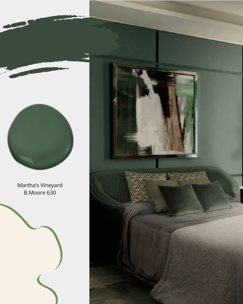 Dark green contemporary bedroom painted in Benjamin Moore, Martha's Vineyard, colour 630.  