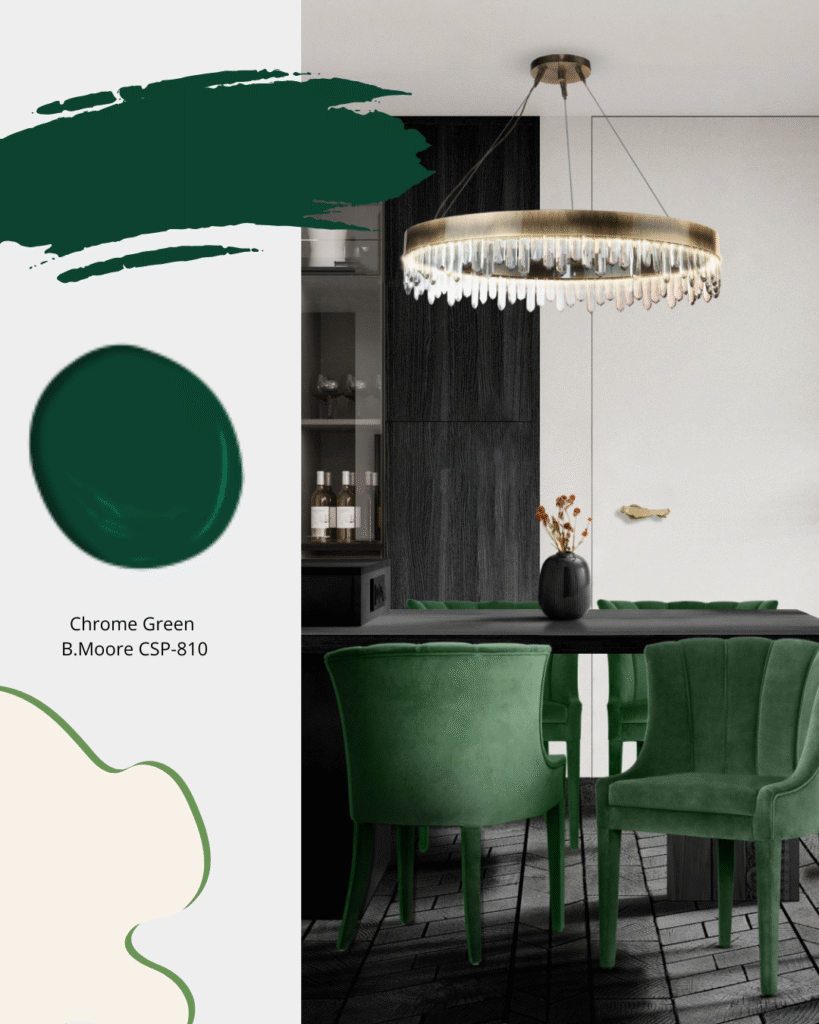 Contemporary black Dining Room with dark green velvet chairs.  Sheridan Interiors, luxury interior designer specializing in bespoke interiors serving Ottawa, Cornwall and and surrounding areas.