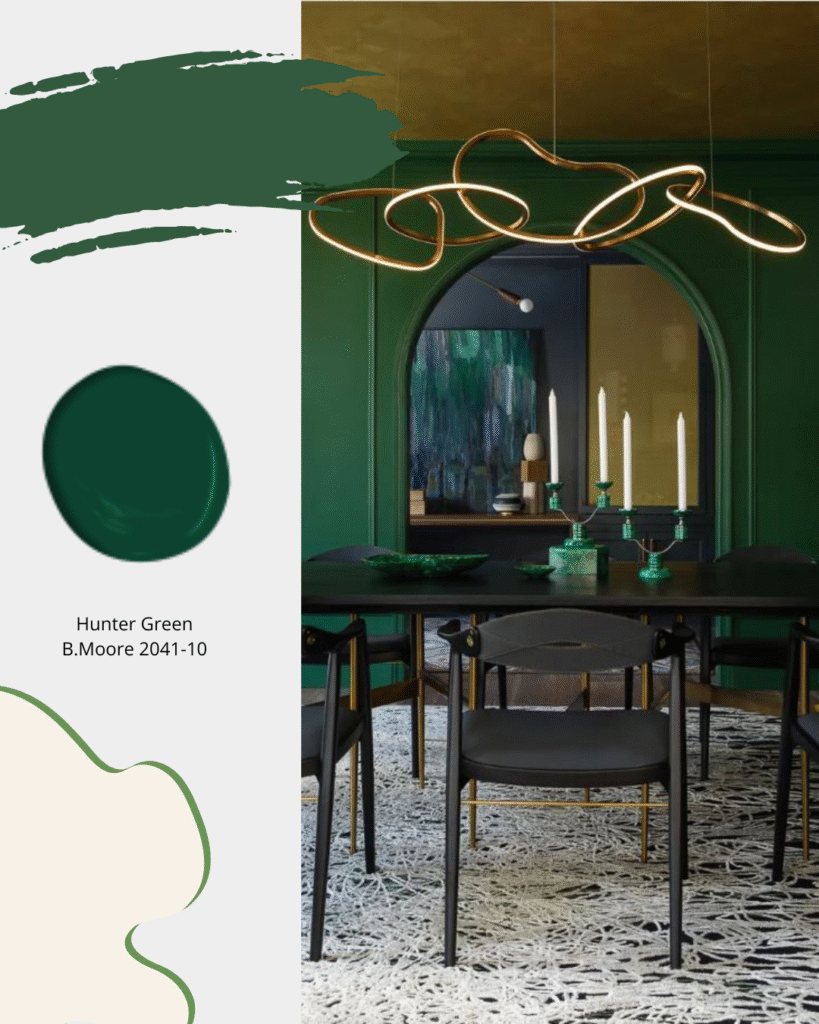 Modern dining room in dark green  Benjamin Moore Hunter Green 2041-1.  Sheridan Interiors, luxury interior designer providing exclusive access to fine interior furnishings. Serving Ottawa, Cornwall, and Eastern Ontario.