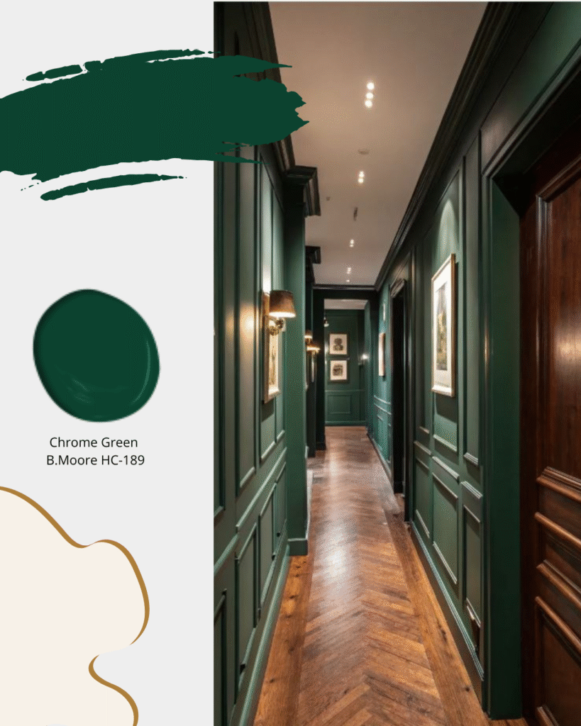 Long dark green hallway painted in Benjamin Moore Chrome Green HC-189.  Sheridan Interiors, interior designer specializing in custom cabinetry and luxury interiors serving Ottawa, Cornwall and surrounding areas.
