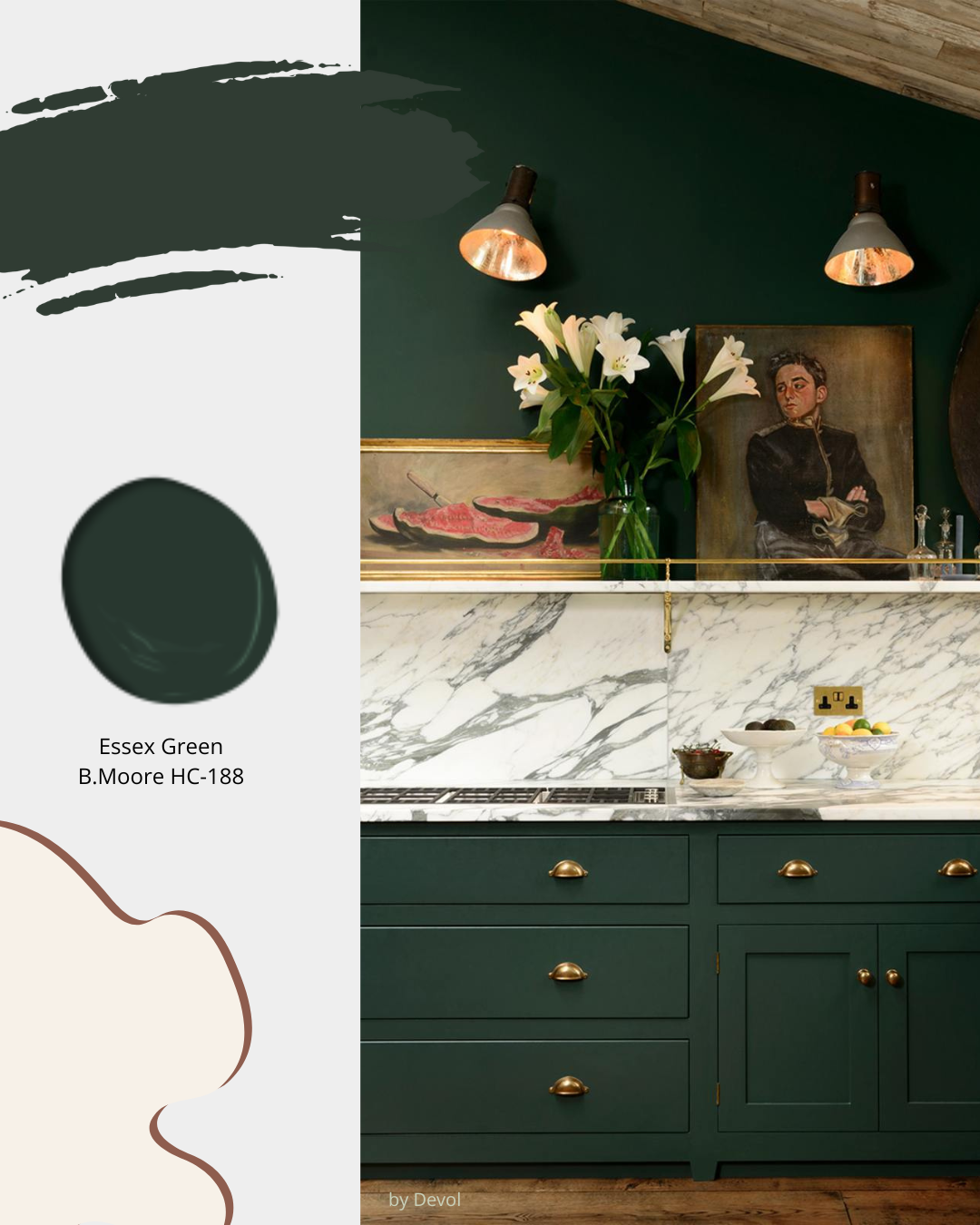 Dark & Moody Green Kitchen, painted Benjamin Moore Essex Green,  HC-188.  Sheridan Interiors, luxury interior design firm providing custom cabinetry and serving Cornwall, Ottawa and Eastern Ontario.