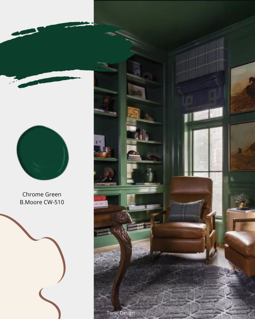 Traditional library in dark green colour, painted in Benjamin Moore Chrome Green, CW-510. Sheridan Interiors, luxury interior designer in Cornwall, Ontario.