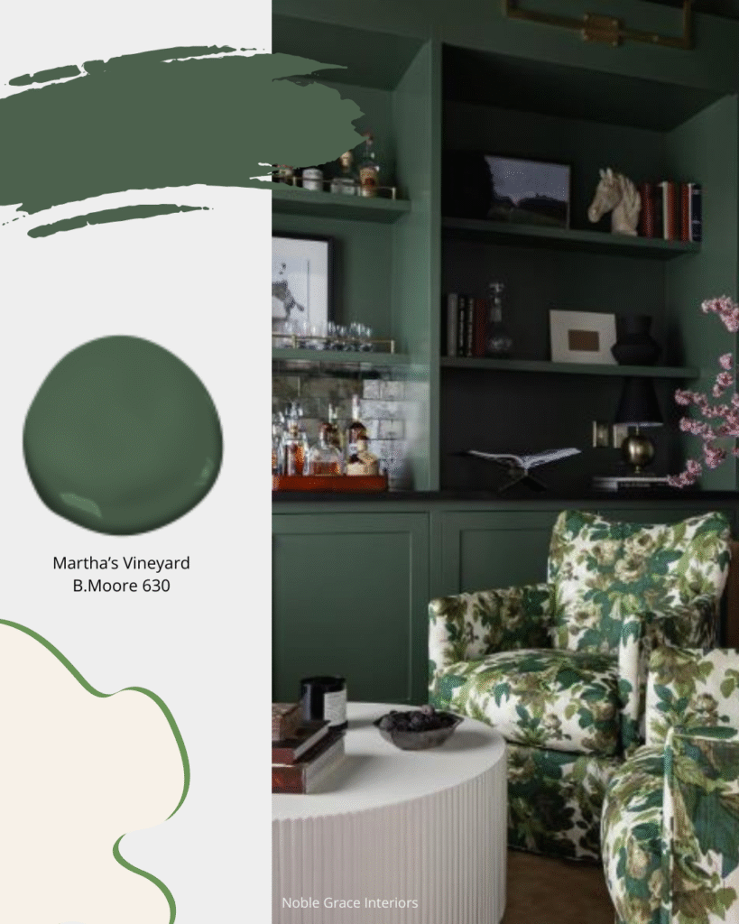 Dark & Moody Green Library painted in Benjamin Moore Martha's Vineyard, colour 630.  Sheridan Interiors, luxury interior designer specializing in custom cabinetry serving Cornwall, Ottawa and surrounding areas. 