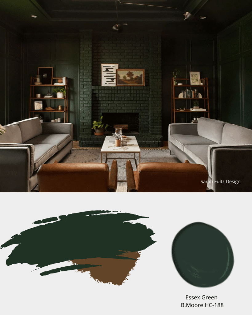 Modern, dark green living room painted in Benjamin Moore Essex Green HC-188.  Sheridan Interiors, luxury interior designer providing exclusive access to fine interior furnishings. Serving Ottawa, Cornwall, and Eastern Ontario.