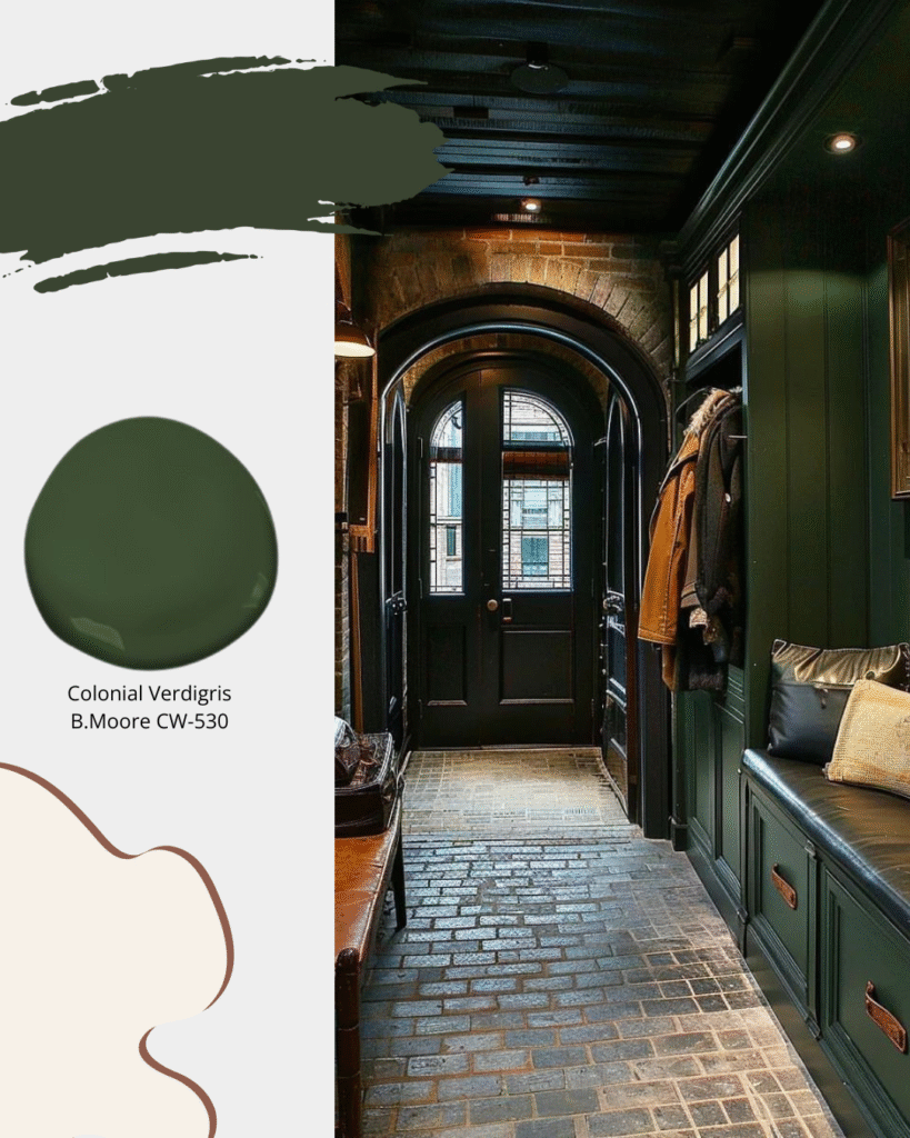 Dark green mudroom with equestrian look painted in Benjamin Moore Colonial Verdigris CW-530.  Sheridan Interiors, luxury interior designer providing custom cabinetry and installation to Ottawa, Cornwall, and Eastern Ontario.