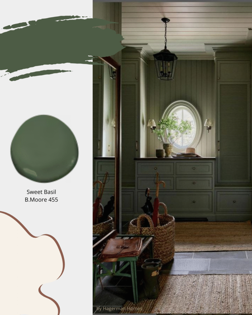 Traditional Country mudroom painted in Benjamin Moore Sweet Basil 455.  Sheridan Interiors, luxury interior designer providing custom cabinetry and installation to Ottawa, Cornwall, and Eastern Ontario.