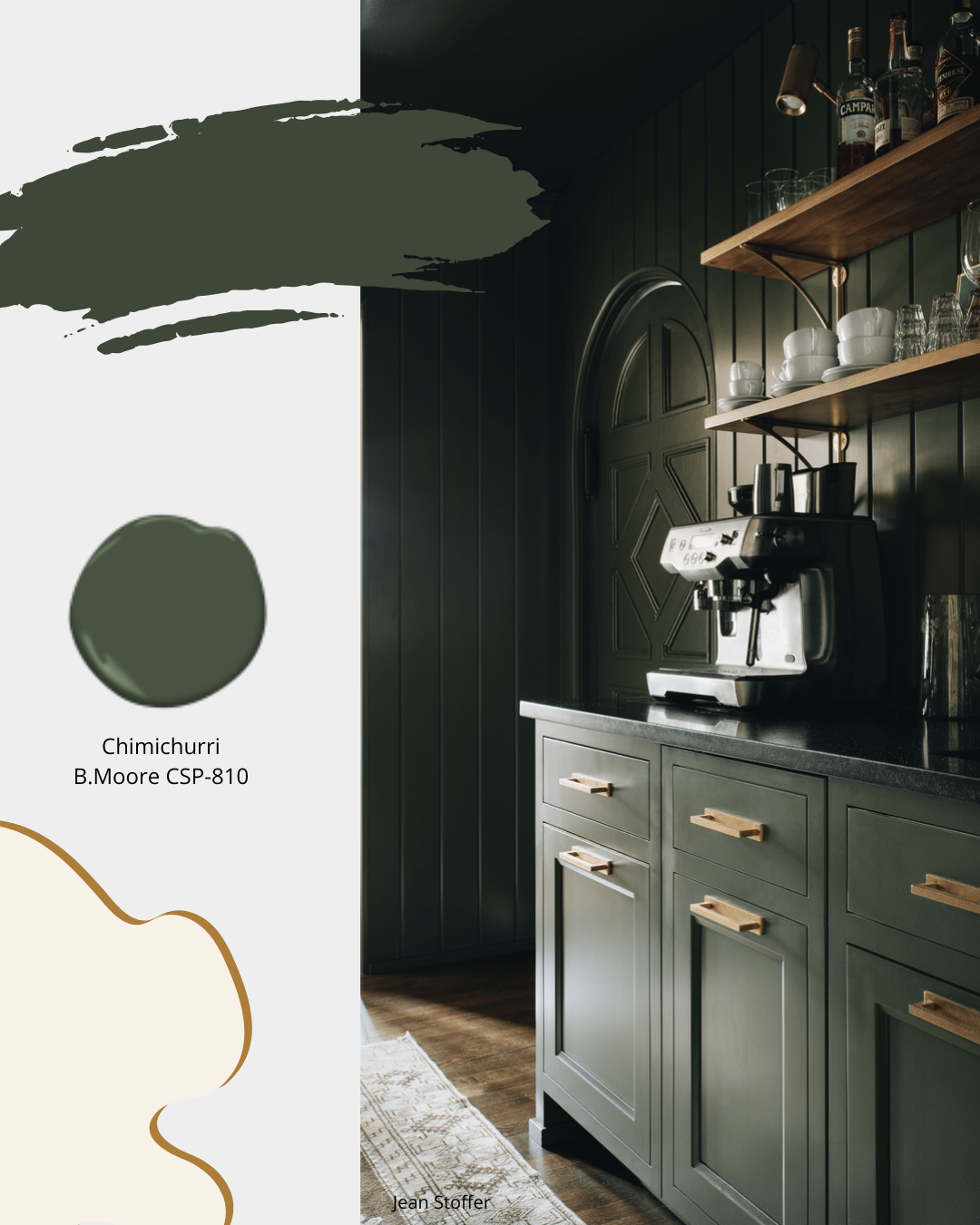 Traditional pantry and coffee bar painted in Benjamin Moore Chimichurri colour number CSP-810.  Sheridan Interiors, luxury  kitchen designer providing custom cabinetry and exceptional service in Cornwall, Ottawa and Eastern Ontario.